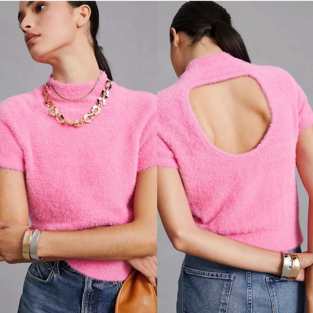 NWT Anthropologie Maeve Pink Eyelash Mock Neck Tee Open Back XL